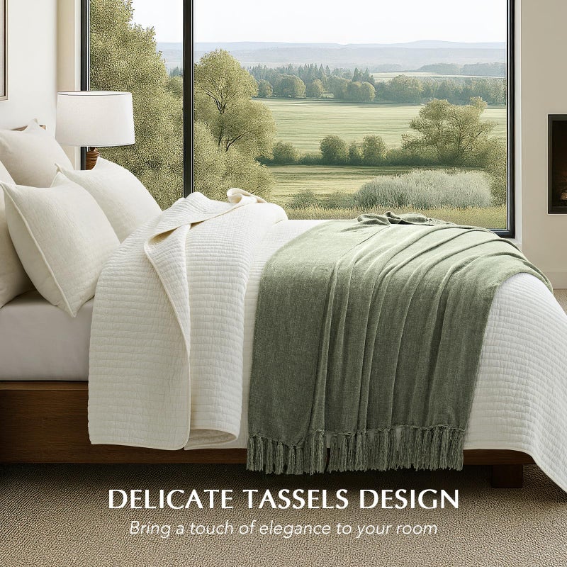 EverGrace Soft Chenille Throw Blanket for Couch, Cozy Plush Fuzzy Decorative Chenille Knit Throw Blanket with Tassels, Lightweight Blanket and Throws for Bed Sofa Gift Home Decor, Sage Green 50"x60" - Image 2