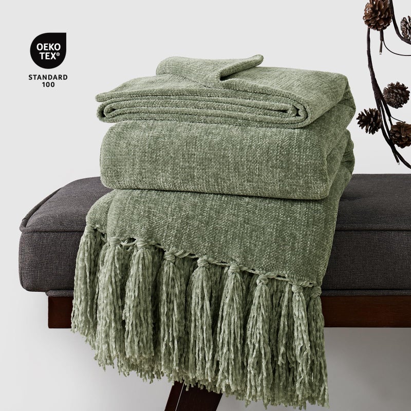 EverGrace Soft Chenille Throw Blanket for Couch, Cozy Plush Fuzzy Decorative Chenille Knit Throw Blanket with Tassels, Lightweight Blanket and Throws for Bed Sofa Gift Home Decor, Sage Green 50"x60" - Image 4