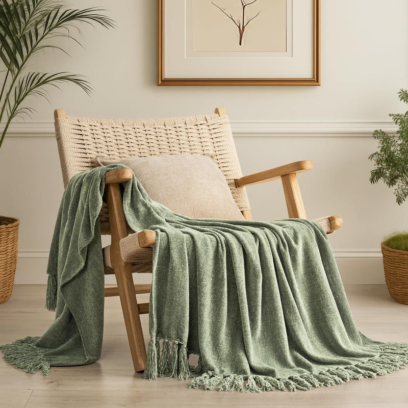 EverGrace Soft Chenille Throw Blanket for Couch, Cozy Plush Fuzzy Decorative Chenille Knit Throw Blanket with Tassels, Lightweight Blanket and Throws for Bed Sofa Gift Home Decor, Sage Green 50"x60" - Image 1