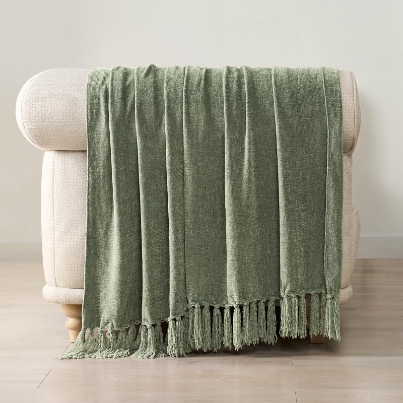 EverGrace Soft Chenille Throw Blanket for Couch, Cozy Plush Fuzzy Decorative Chenille Knit Throw Blanket with Tassels, Lightweight Blanket and Throws for Bed Sofa Gift Home Decor, Sage Green 50"x60" - Image 5