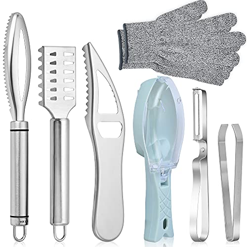 Worldity 7 Pieces Fish Scaler Brush Remover with Gray Mitten Stainless Steel Sawtooth Remover Removing Peeler Cleaning Tool Fish Shape Tweezers for Fish Scales Removing Peeling