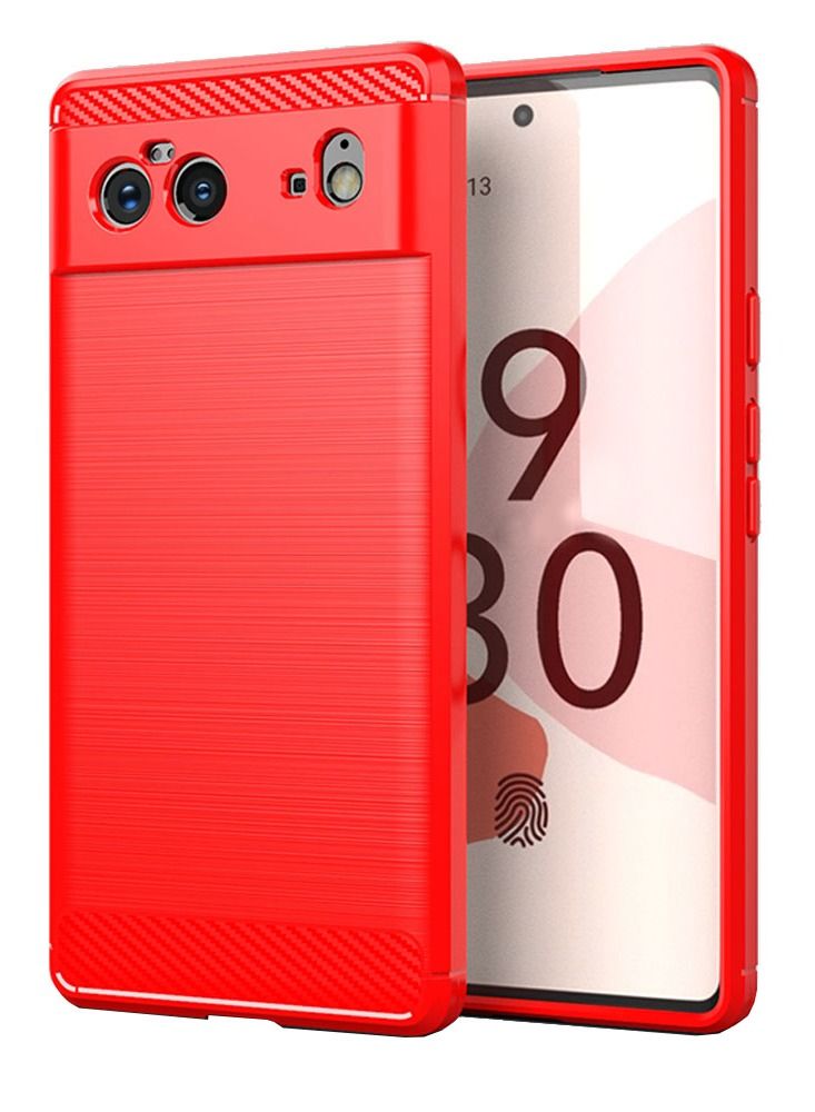 CATANES Google Pixel 6 Case Slim Soft TPU Brushed Carbon Fiber Anti-Fingerprint Shockproof Cover Red - Image 1