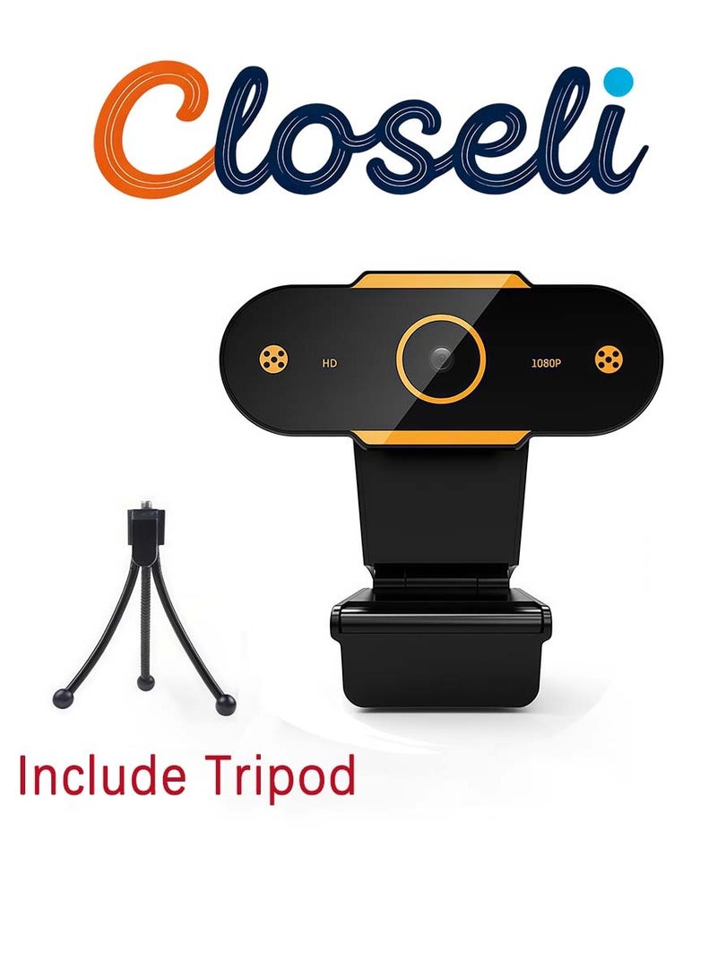 Closeli 1080P Webcam With Tripod Stand, Full HD Web Camera, Webcam for PC / Laptop, USB Plug & Play, With HD Microphone, Auto Light Correction, Dual Noise Reduction, Auto Focus, Privacy Cover, for Video Recording, Calling, Conference, Desktop, YouTube - Image 1