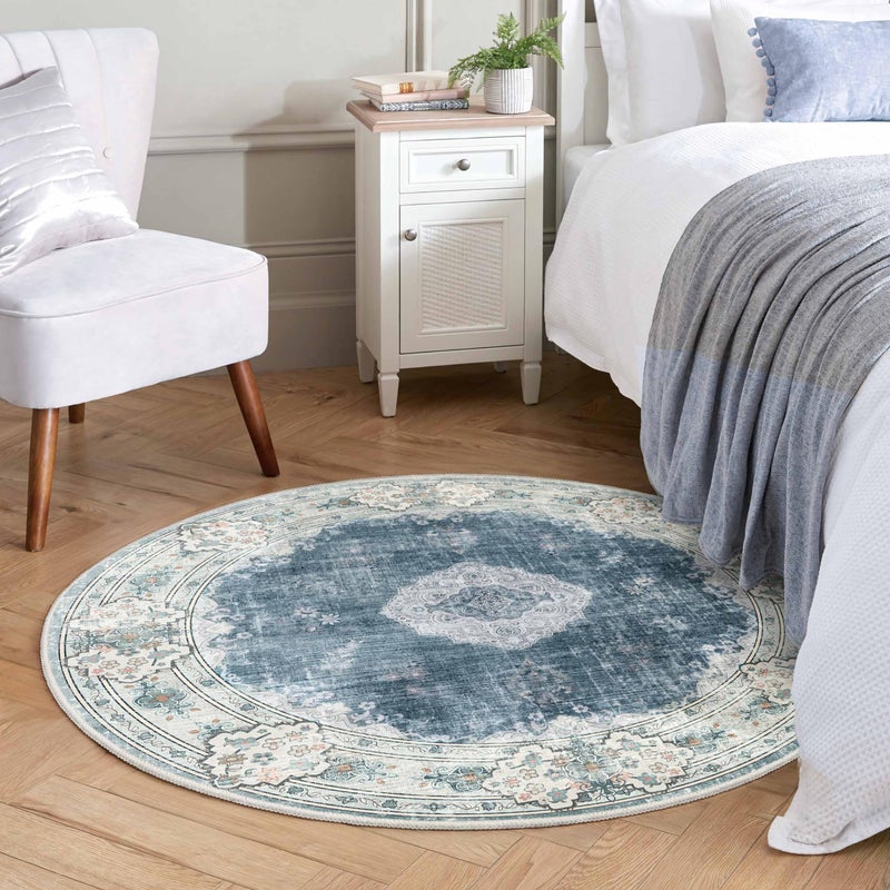 MUJOO Blue Round Rug 4ft,Circle Washable Area Rugs for Bedroom Living Room Bathroom,Boho Small Non Slip Circular Carpet, Floral - Image 3