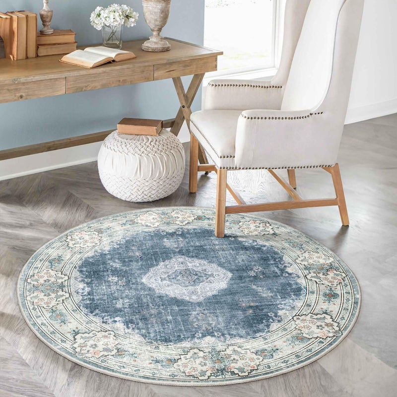 MUJOO Blue Round Rug 4ft,Circle Washable Area Rugs for Bedroom Living Room Bathroom,Boho Small Non Slip Circular Carpet, Floral - Image 2