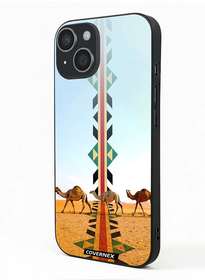 Covernex Apple iPhone 15 Protective Case Cover Printed Featuring Camel Silhouette with Vertical Sadu Pattern - Image 1