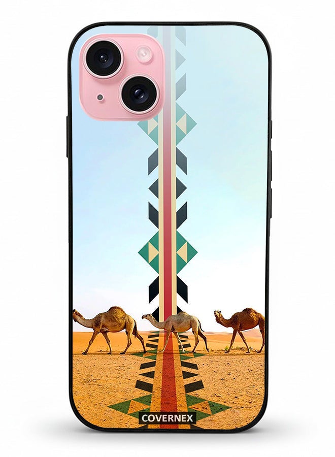 Covernex Apple iPhone 15 Protective Case Cover Printed Featuring Camel Silhouette with Vertical Sadu Pattern - Image 2