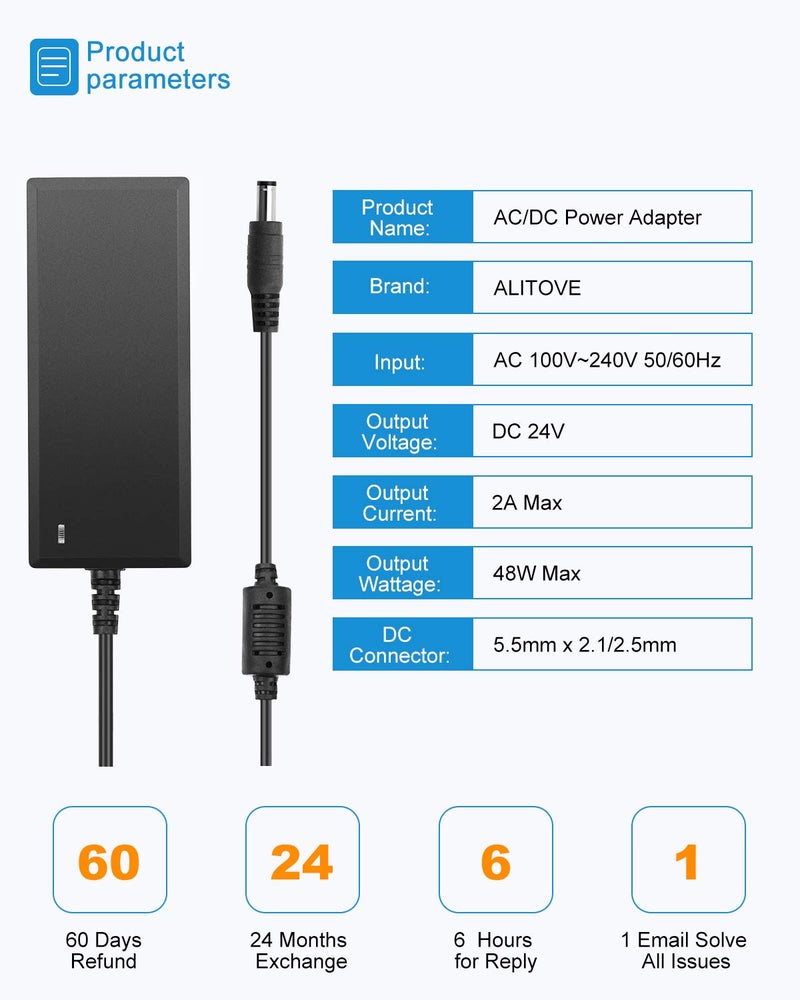 ALITOVE 24V DC Power Supply 2A 48W AC/DC Adapter 100~240V AC to DC 24 Volt 2 Amp Converter 24 vdc 2000mA 1.8A 1.5A 1.3A 1.2A with 5.5mmx 2.5mm 2.1mm Plug for LED Strip Light CCTV Camera DC Pump Fan - Image 3