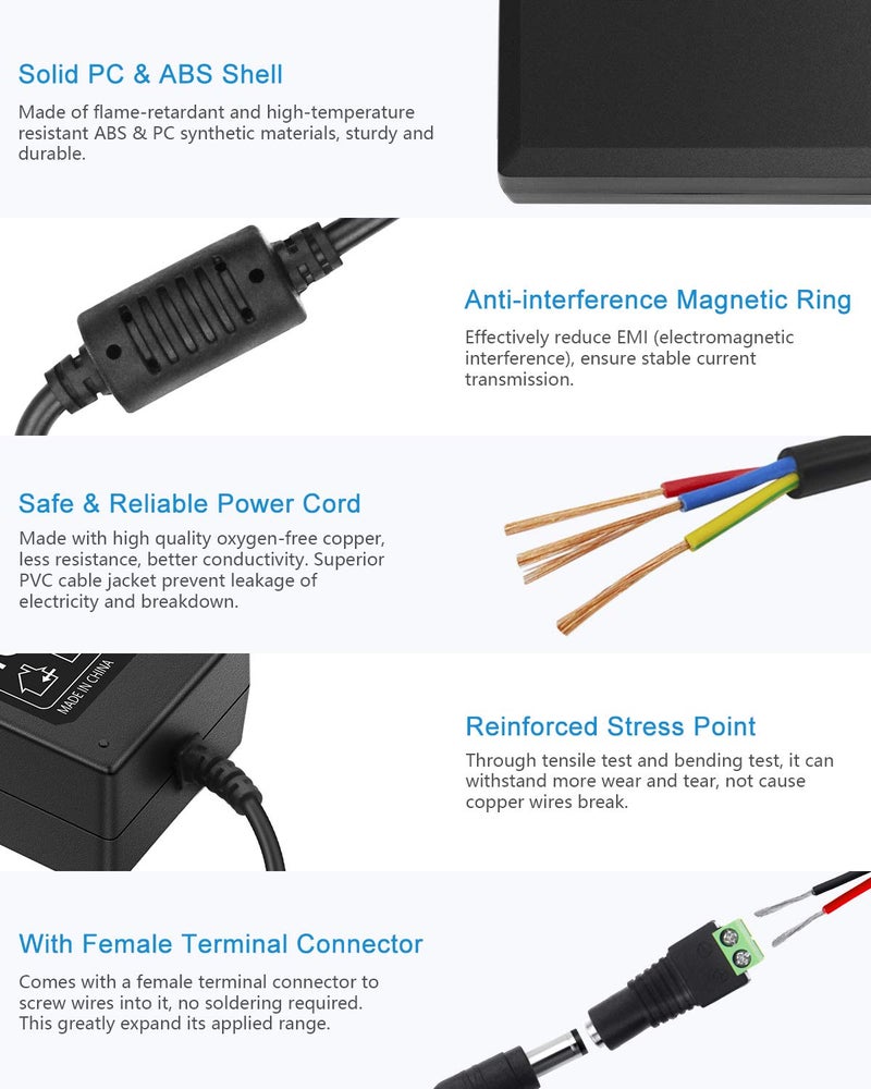 ALITOVE 24V DC Power Supply 2A 48W AC/DC Adapter 100~240V AC to DC 24 Volt 2 Amp Converter 24 vdc 2000mA 1.8A 1.5A 1.3A 1.2A with 5.5mmx 2.5mm 2.1mm Plug for LED Strip Light CCTV Camera DC Pump Fan - Image 4