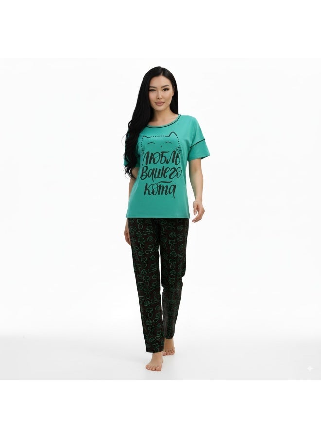 جوانا طقم بيجاما نسائي بأكمام قصيرة وبنطال طويل بطبعة "أحب قطتك"، أخضر نعناعي، XXL - Image 2