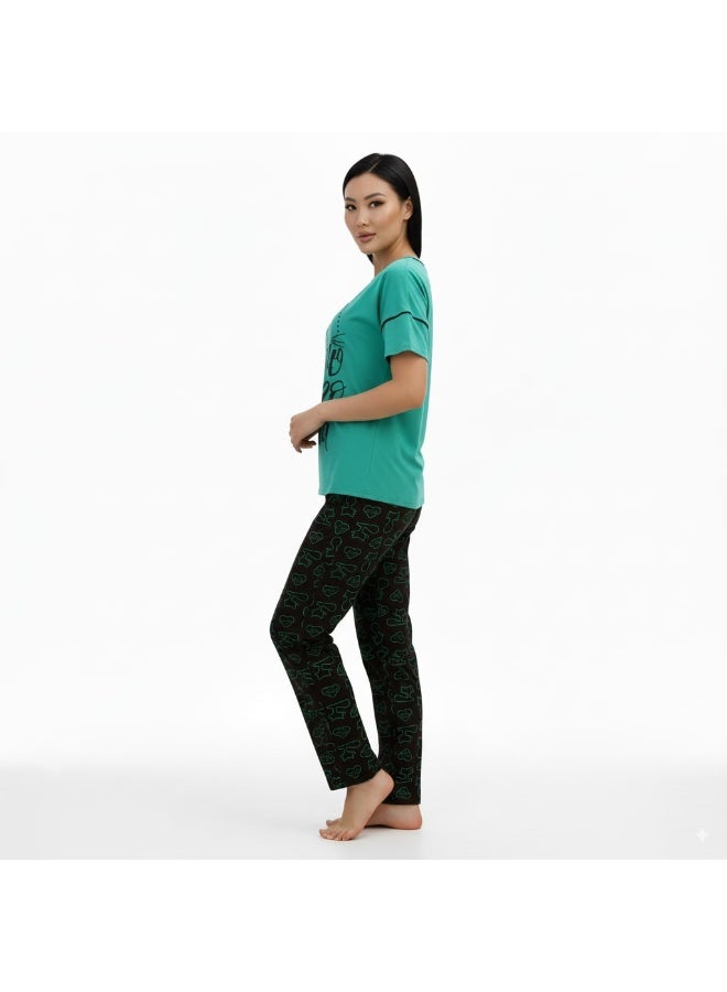 جوانا طقم بيجاما نسائي بأكمام قصيرة وبنطال طويل بطبعة "أحب قطتك"، أخضر نعناعي، XXL - Image 5
