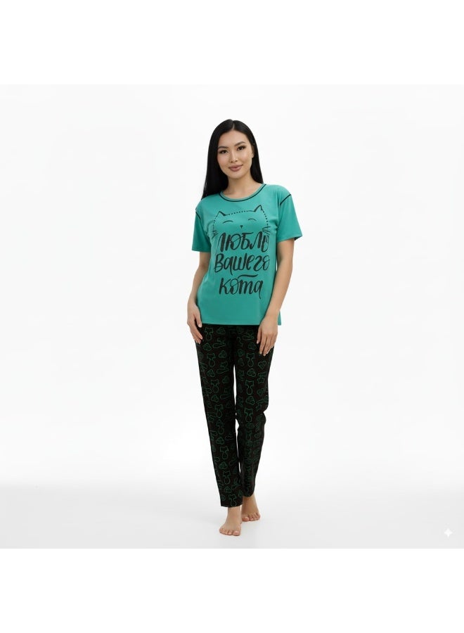 جوانا طقم بيجاما نسائي بأكمام قصيرة وبنطال طويل بطبعة "أحب قطتك"، أخضر نعناعي، XXL - Image 4