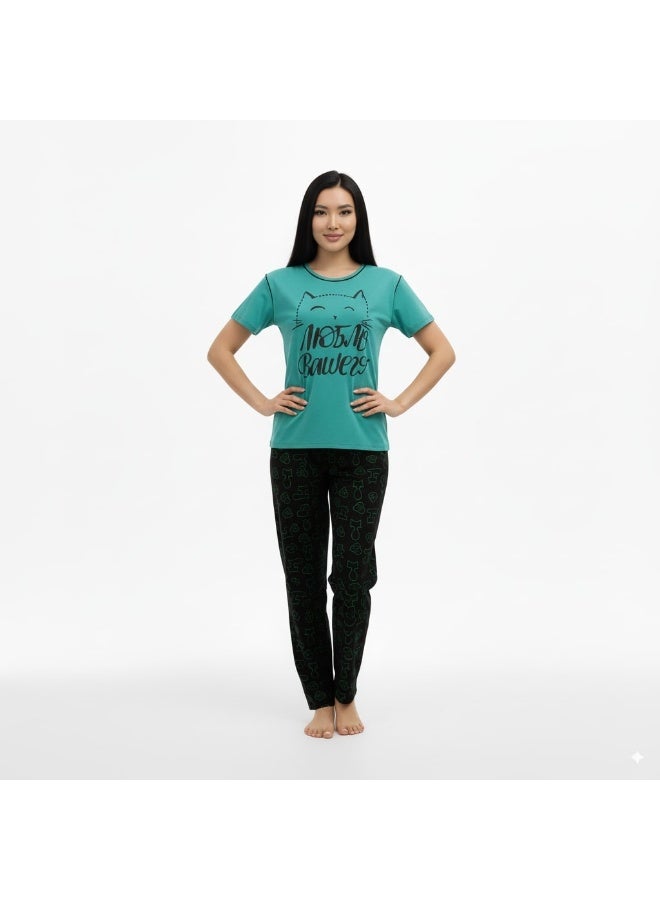 جوانا طقم بيجاما نسائي بأكمام قصيرة وبنطال طويل بطبعة "أحب قطتك"، أخضر نعناعي، XXL - Image 3
