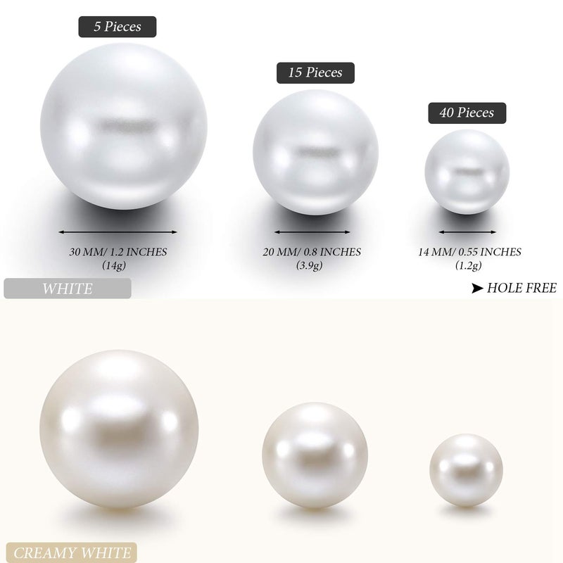 Hicarer 120 Pieces Pearl for Vase Filler Pearl Bead Vase Centerpieces Brush Holder Assorted Round Faux Bead for Crafting, Home Wedding Table Decor 14/20/30 mm(Creamy White, White) - Image 2