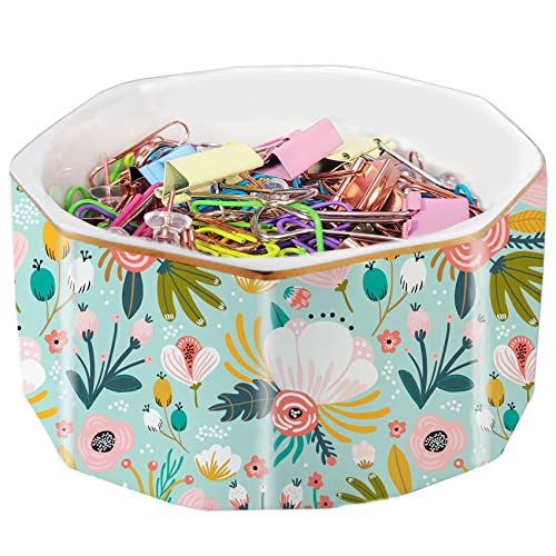 LEAZUL Ceramic Paper Clip Holder Gold Line Paper Clip Dispenser Organizer for Desk Cute Floral Pattern Office Binder Clip Holder Bobby Pin and Hair Clip Holder Gift for Office Mint Flowers - Image 1