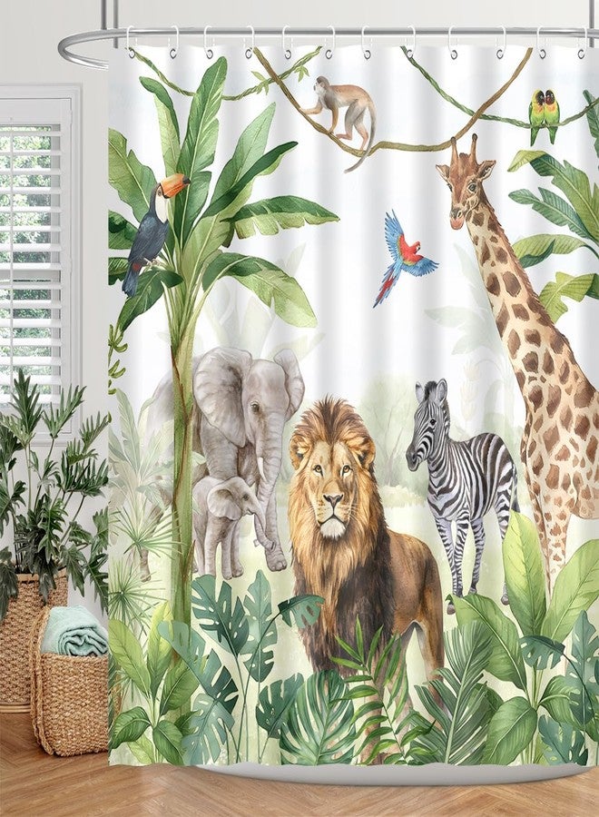 BIYSUC Wild Animal Shower Curtain Jungle Elephant Giraffe Zebra Rainforest Tropical Safari Bathroom Home Decor Waterproof Polyester Fabric 72Lx72W Inch with Hooks - Image 1