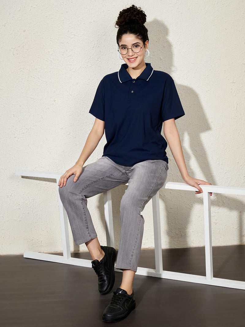 LEOTUDE Womens Half Sleeve Loose Fit | Relaxed Fit Half Sleeve Polo Collor NeckCottonblend Polo Tshirts Tops for Woman (GRL_999_Navy_P_Navy Blue_XL) - Image 5