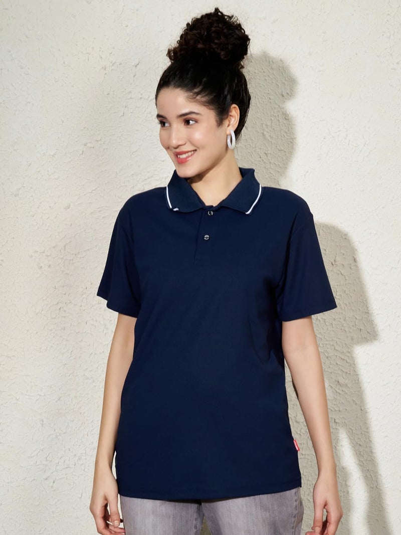 LEOTUDE Womens Half Sleeve Loose Fit | Relaxed Fit Half Sleeve Polo Collor NeckCottonblend Polo Tshirts Tops for Woman (GRL_999_Navy_P_Navy Blue_XL) - Image 2