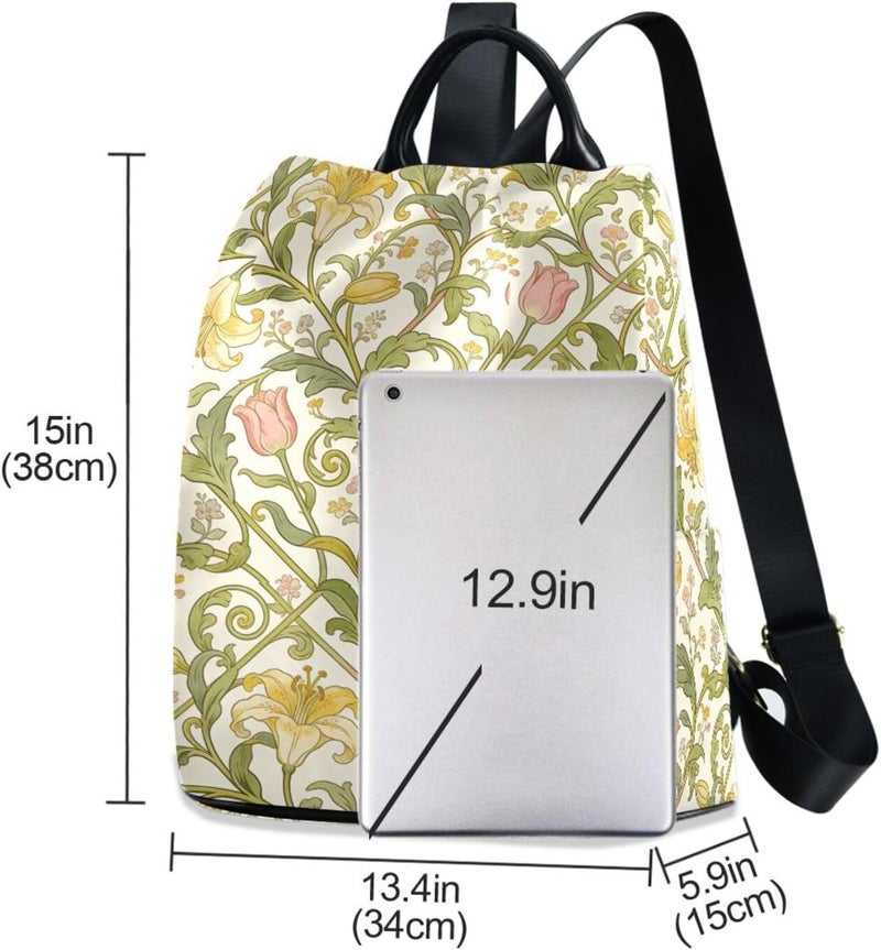 KLL Vintage Gold Lily William Morris Beige Fashion travel backpack lightweight large backpack for women for Travel, Work, Everyday with Pom-pom keychain - Image 3