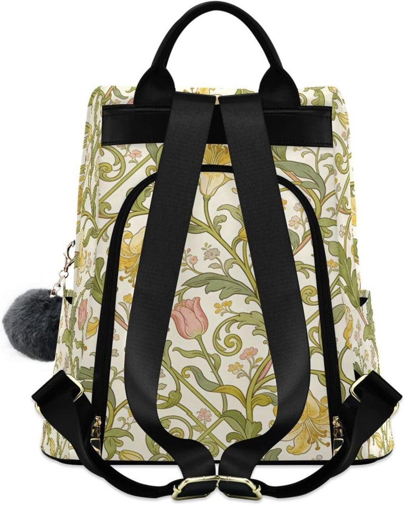 KLL Vintage Gold Lily William Morris Beige Fashion travel backpack lightweight large backpack for women for Travel, Work, Everyday with Pom-pom keychain - Image 2