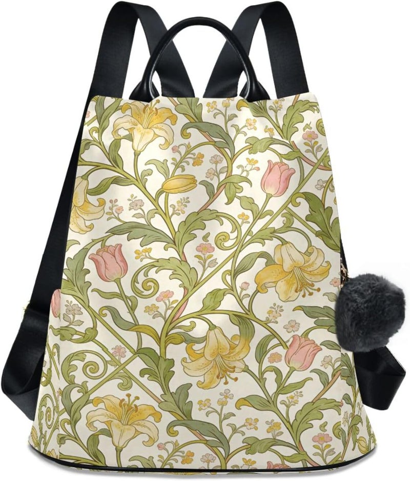 KLL Vintage Gold Lily William Morris Beige Fashion travel backpack lightweight large backpack for women for Travel, Work, Everyday with Pom-pom keychain - Image 1
