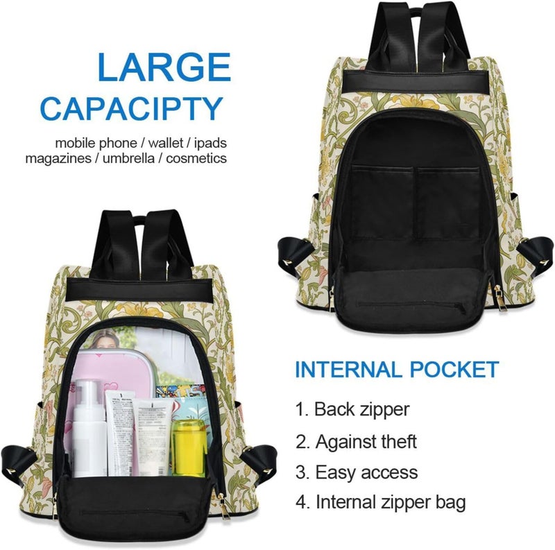KLL Vintage Gold Lily William Morris Beige Fashion travel backpack lightweight large backpack for women for Travel, Work, Everyday with Pom-pom keychain - Image 5
