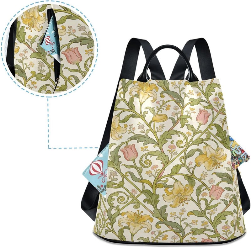 KLL Vintage Gold Lily William Morris Beige Fashion travel backpack lightweight large backpack for women for Travel, Work, Everyday with Pom-pom keychain - Image 4