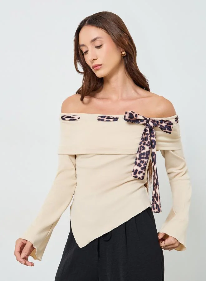 Take Two Women Beige Off Shoulder Leopard Print Top