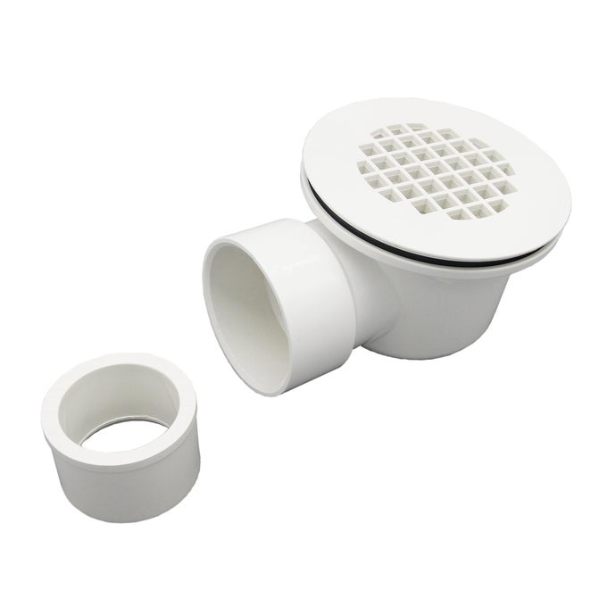 2 LOW PROFILE SHOWER DRAIN WITH 2 X 112 REDUCER PIPE FITTING AND PERFORATED STRAINER PVC SIDE OUTLET DRAIN ASSEMBLY FOR REPLACEMENT SHOWER BASE AND DRAIN