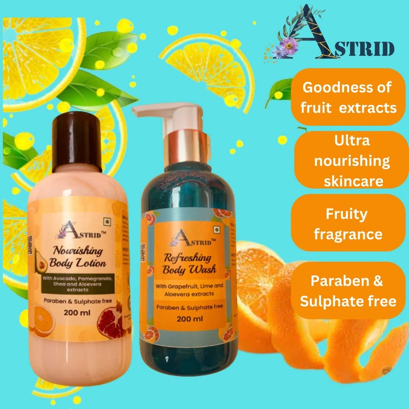 Astrid face and Body Care Combo Nourishing fruits body lotion and Gel Wash Citrus fragrance All skin types Refreshing and deep hydration 200 ML each - Image 2