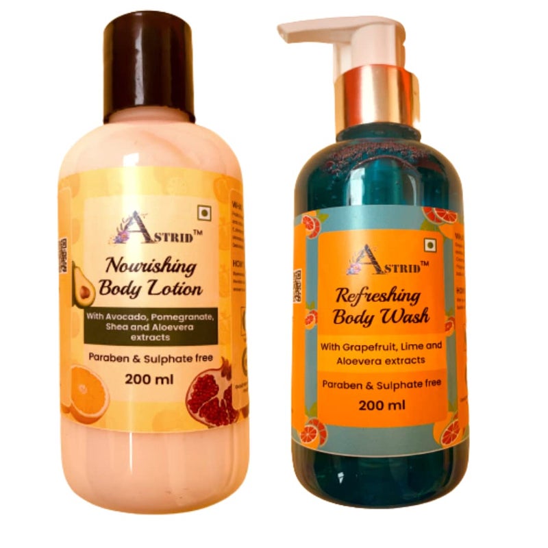 Astrid face and Body Care Combo Nourishing fruits body lotion and Gel Wash Citrus fragrance All skin types Refreshing and deep hydration 200 ML each - Image 1