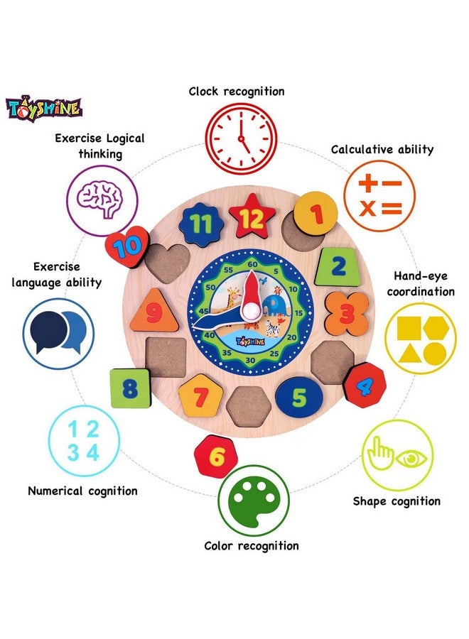 Toyshine Toyshine Wooden Learning Clock, Educational Digital Analog Numbers, Shape & Color Learning Montessori Toy for Kids- Multi Color  - Image 3