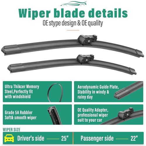 WINDSMILE 25" 22" 15" Windshield Wiper Blades Replacement for VW Volkswagen Tiguan 2018 2019 2020 2021 2022 2023 2024 2025 Premium All Weather Front Rear Wipers Set - OEM Quality (Pack of 3) - Image 3