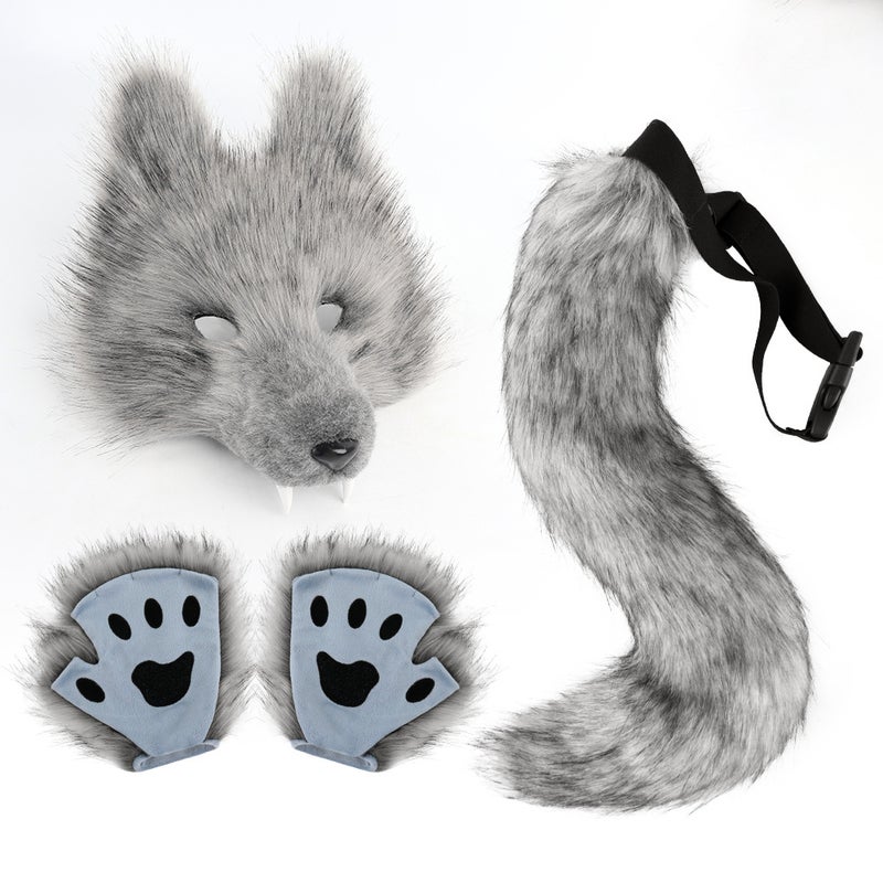 Simulated Wolf Mask Set with 3D Fangs and Plush Wolf Tail for Halloween Party Cosplay - Image 3
