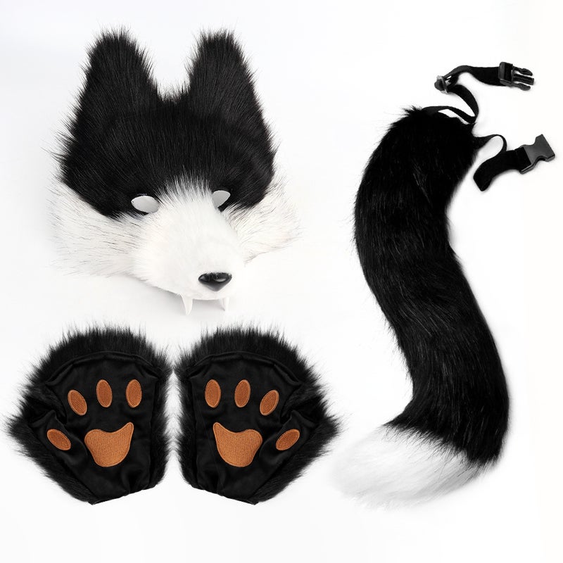 Simulated Wolf Mask Set with 3D Fangs and Plush Wolf Tail for Halloween Party Cosplay - Image 1