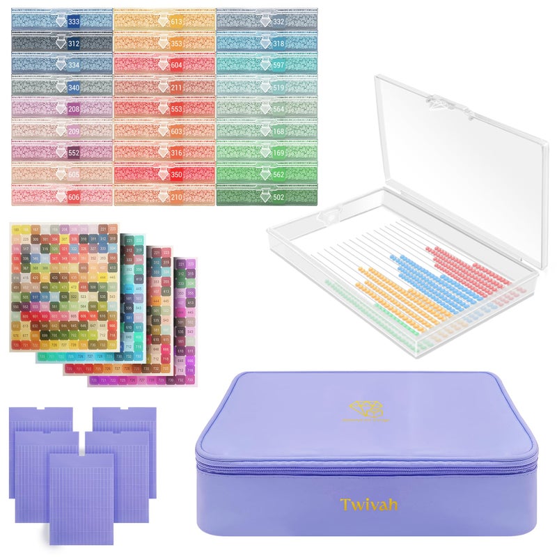Twivah 27 Pcs Diamond Art Storage with Bag, 2-in-1 Diamond Art Trays Container with Lids, Diamond Painting Accessories with Color Stick, Diamond Art Kits for Adults & Kids Christmas, Birthday (Purple) - Image 1