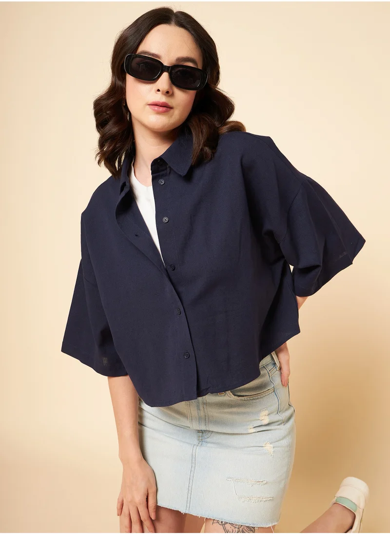 HIGH STAR Navy Casual Shirt for Women, Oversized and Classic