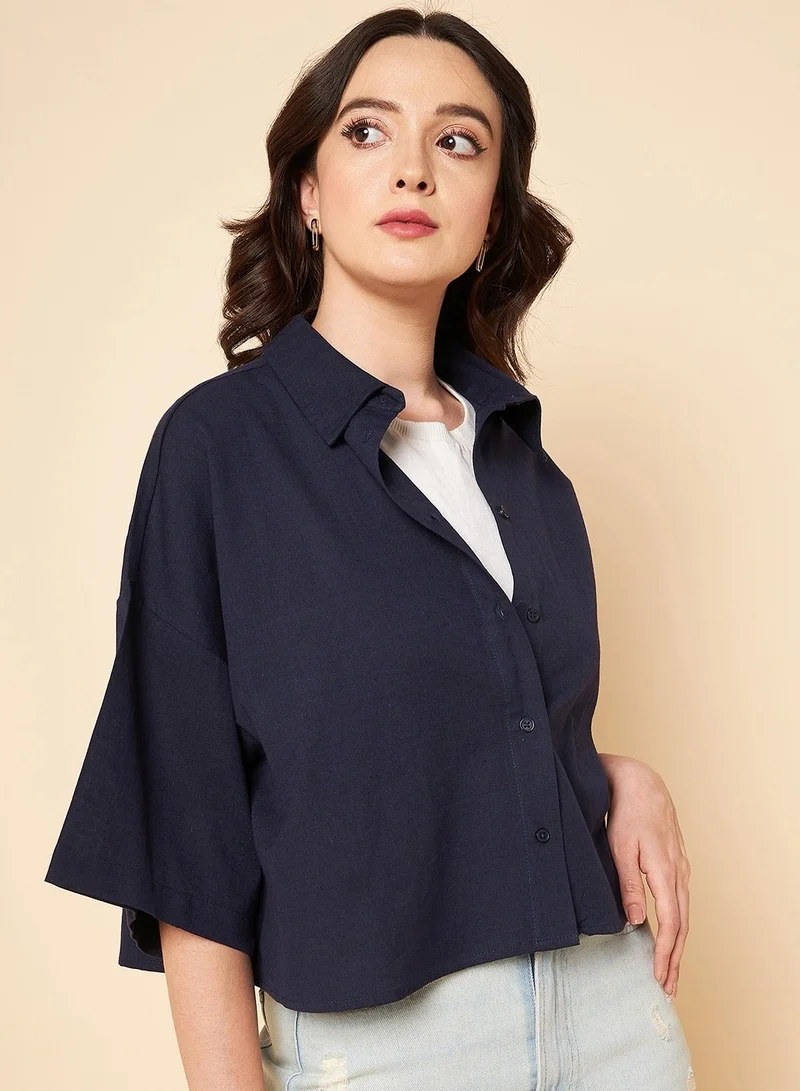HIGH STAR Navy Casual Shirt for Women, Oversized and Classic