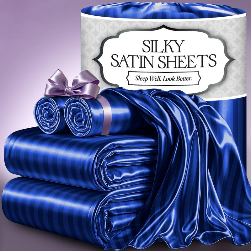 DECOLURE Satin Bed Sheets  4 Piece Luxury Silky King Size Bedding Set  Softer Than Silk WrinkleFree with 15 Deep Pocket Fitted Sheet Perfect for Hair  Skin Gifts for Women Striped Blue
