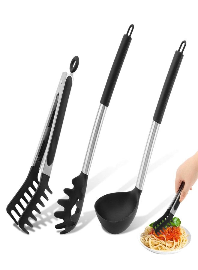 Kryslanix 3PCS Spaghetti Spoon,Pasta Fork and Tong,Non-stick Silicone Spoon Server Fork with teeth and Stainless Steel Handle Noodles Tong, Food Clip,Food Spoon for Spaghetti Noodle - Image 1