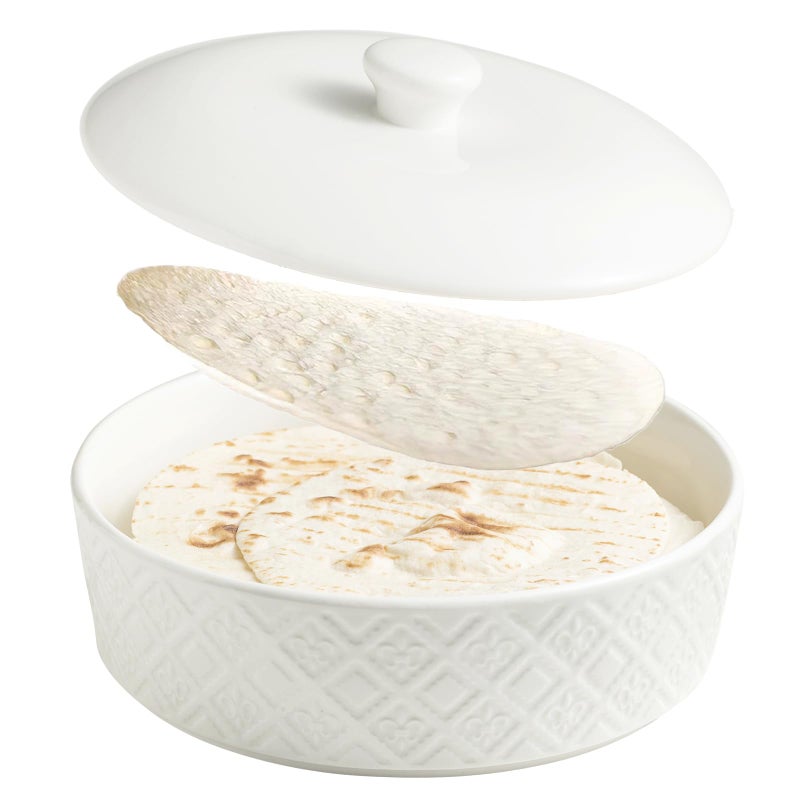 Large Tortilla Warmers with Lid Embossed Ceramic Tortilla Holder Servers Oven Safe Taco Tuesday Taco Bar 88 Inch Microwavable Food Storage Container Bread Warmer Pancake Warmer White