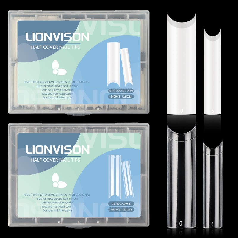 LIONVISON 480PCS Extra Long NO C Curve Nail Tips XL, 2 Packs Natural and Clear Nail Tips for Acrylic Nails Professional Set, 12 Sizes Straight Tapered Square Press on False Nail Tips for Nail Art Salon Home DIY - Image 1