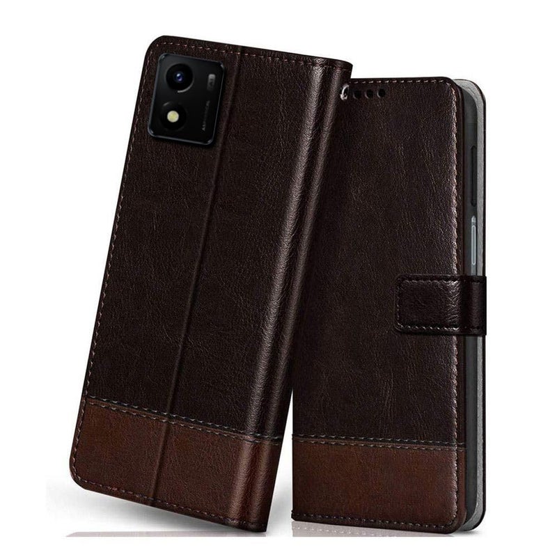 Windmill Premium Vegan Leather Dual Flip Mobile Cover Case|Kickstand & Card Holder|360 Degree Grip Protection| Wallet Type with Magnetic Closure for Vivo Y01-(Coffee with Brown) - Image 1