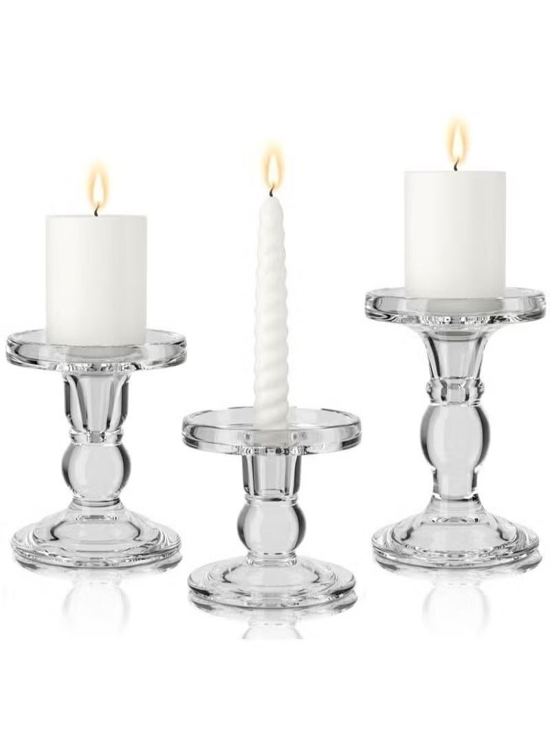 Beauenty 3pc Clear Glass Candlestick Holders Set for Taper Candles Pillar Candles Tealight Candles Candle Holder Wedding, Dinning and Decoration Fit 0.9 to 2.8 inch Premium Multipurpose Candles  - Image 3
