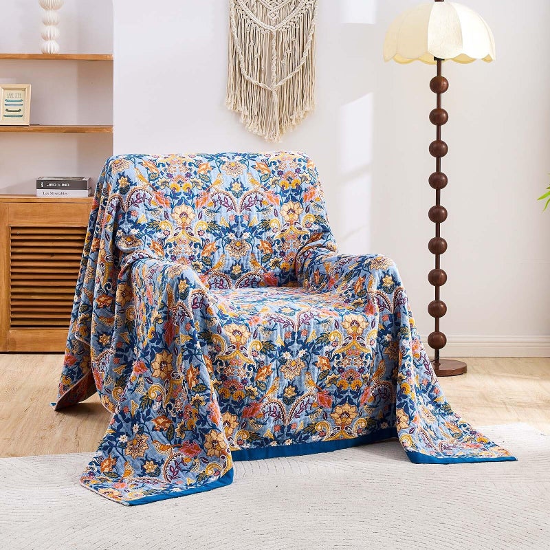 XIBLC Boho Throw Blanket for Bed, 100% Cotton Soft Rustic Quilt Fall Blanket, 50"x60" Floral Printed Farmhouse Decor Bed Blankets, All Season Rustic Reversible Bohemian Throw Quilt - Image 2