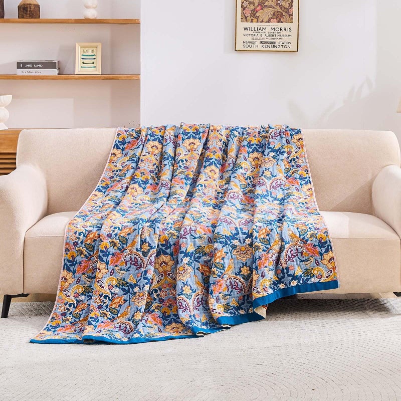 XIBLC Boho Throw Blanket for Bed, 100% Cotton Soft Rustic Quilt Fall Blanket, 50"x60" Floral Printed Farmhouse Decor Bed Blankets, All Season Rustic Reversible Bohemian Throw Quilt - Image 3