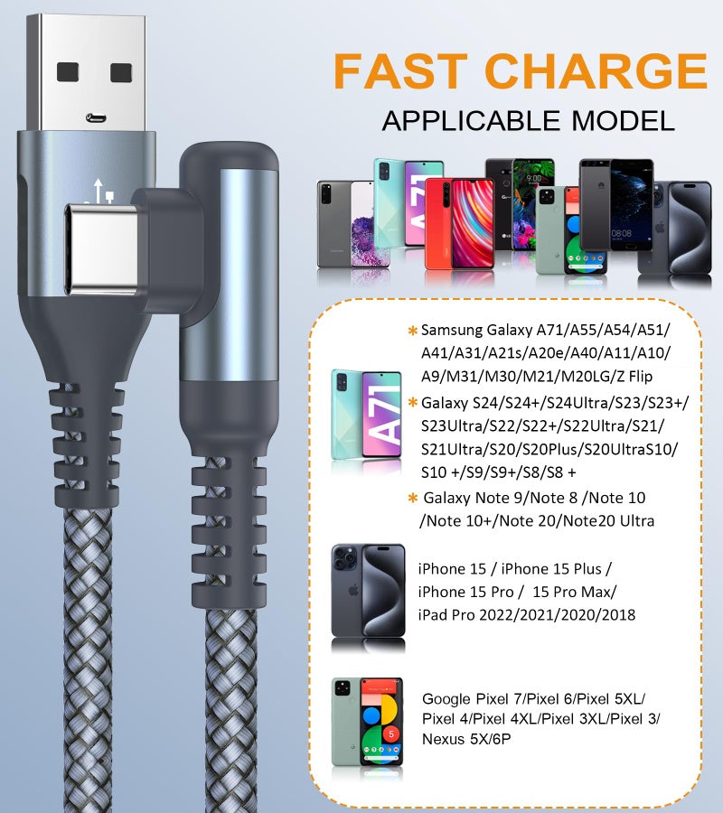 sweguard USB Type C Charger Cable Right Angle [2-Pack,5FT] 3.1A Nylon Braided Cord for iPhone 17 16 15 Pro Max Plus iPhone Air Samsung Galaxy S25 S24 S23 S22 S21 S20 Note 20 A15 Flip Pixel LG Moto - Image 2