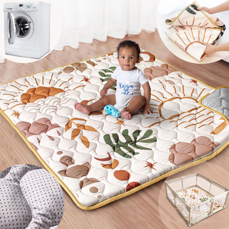 Beavtaens Baby Play Mat, 50x50 Playpen Mat with Super Soft Touch, Activity Mat with Upgraded Anti-Slip Bottom, Machine Washable Crawling Mat for Floor & Picnic(Boho Nature) - Image 1