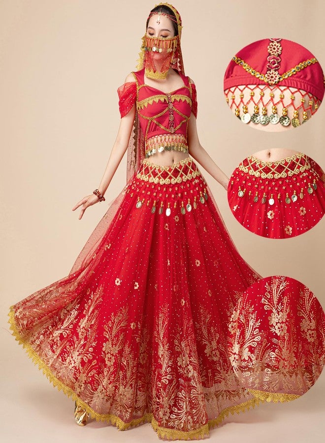 ORIDOOR Ladies Dress up Costumes Indian Aladdin Jasmine Princess Belly Dancing Bollywood Costumes, 01-red, M - Image 3