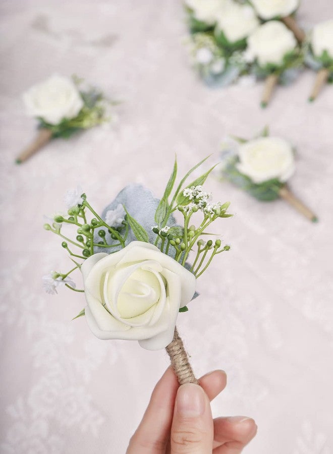YSUCAU Rose Boutonnieres for Men Wedding Groom and Groomsmen White Boutonniere for Rustic Fall Vintage Wedding Prom Set of 10 - Image 4
